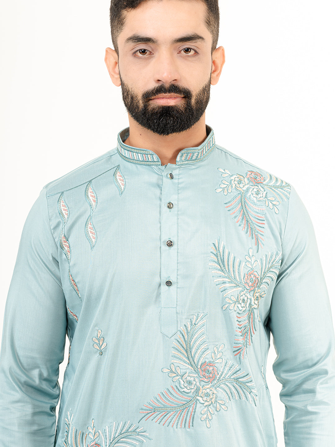 Cadet Blue Floral Silk Embroidered Kurta