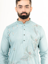 Cadet Blue Floral Silk Embroidered Kurta