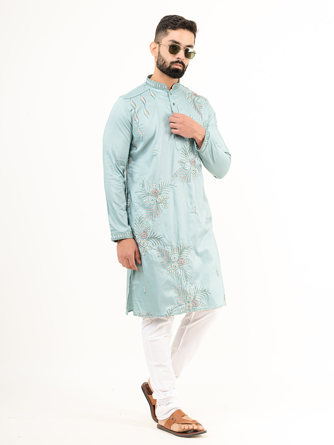 Cadet Blue Floral Silk Embroidered Kurta