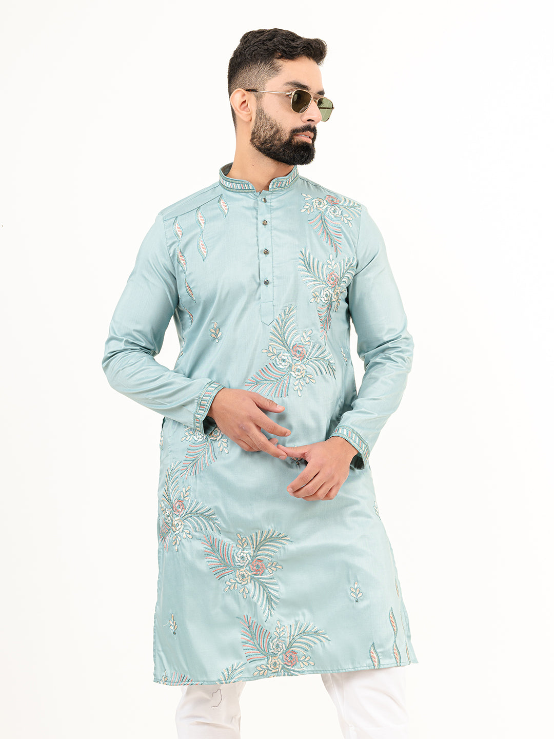 Cadet Blue Floral Silk Embroidered Kurta