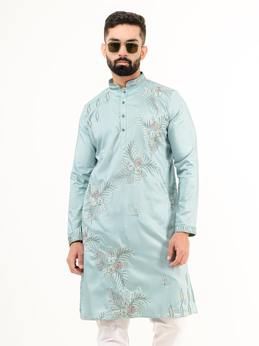 Cadet Blue Floral Silk Embroidered Kurta