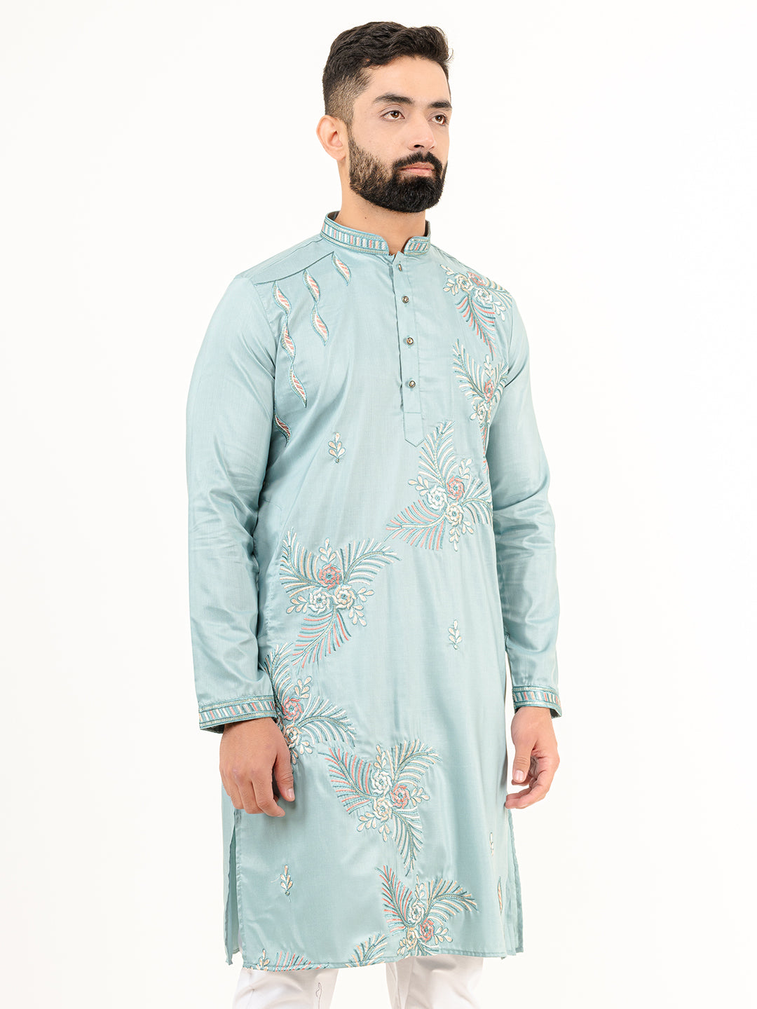 Cadet Blue Floral Silk Embroidered Kurta