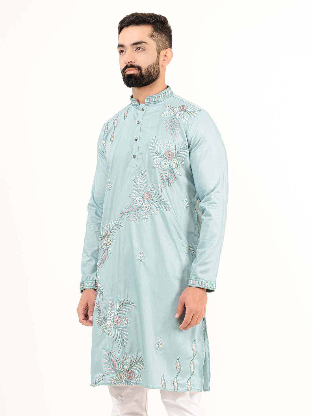 Cadet Blue Floral Silk Embroidered Kurta