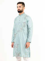 Cadet Blue Floral Silk Embroidered Kurta