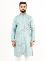 Cadet Blue Floral Silk Embroidered Kurta