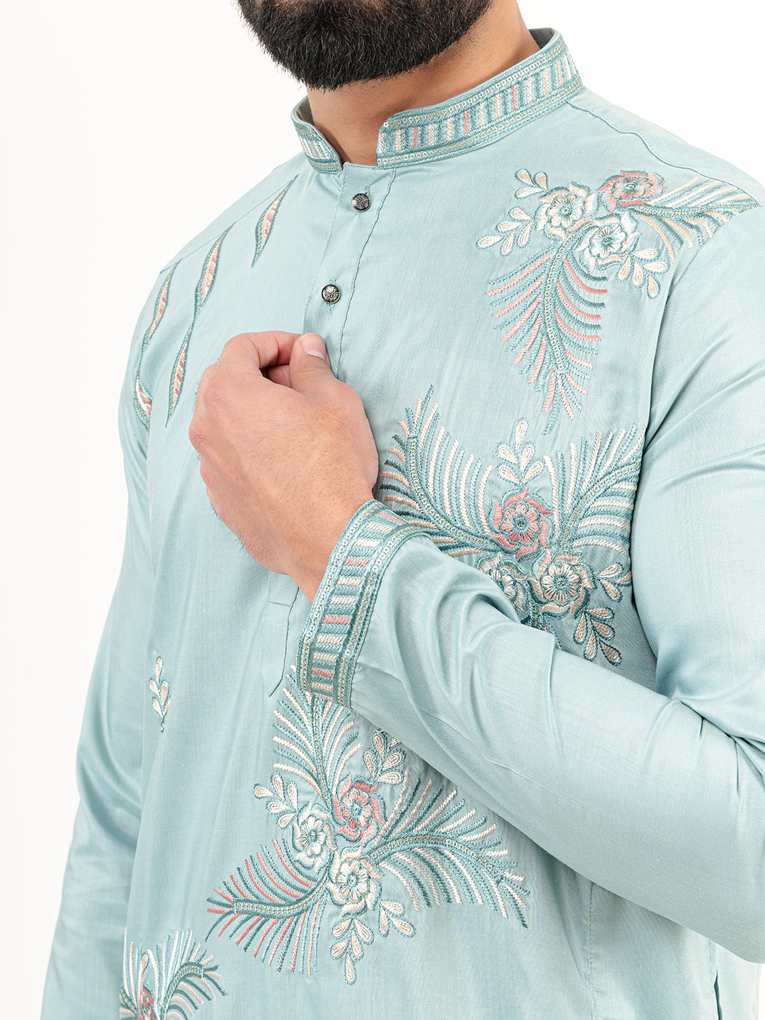 Cadet Blue Floral Silk Embroidered Kurta