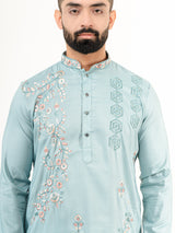 Cadet Blue Wild Floral Silk Embroidered Kurta for Men