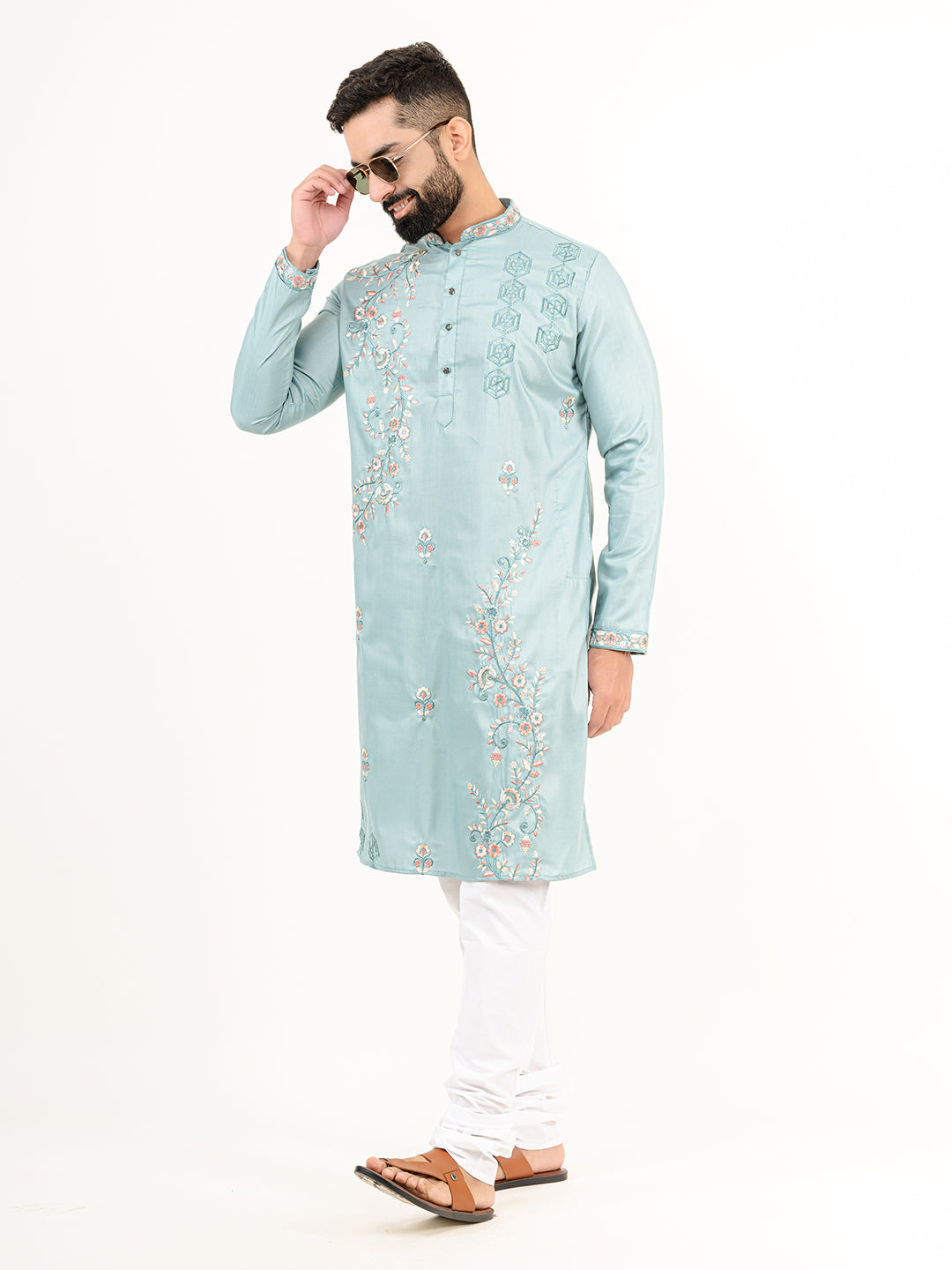 Cadet Blue Wild Floral Silk Embroidered Kurta for Men