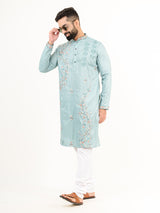 Cadet Blue Wild Floral Silk Embroidered Kurta for Men