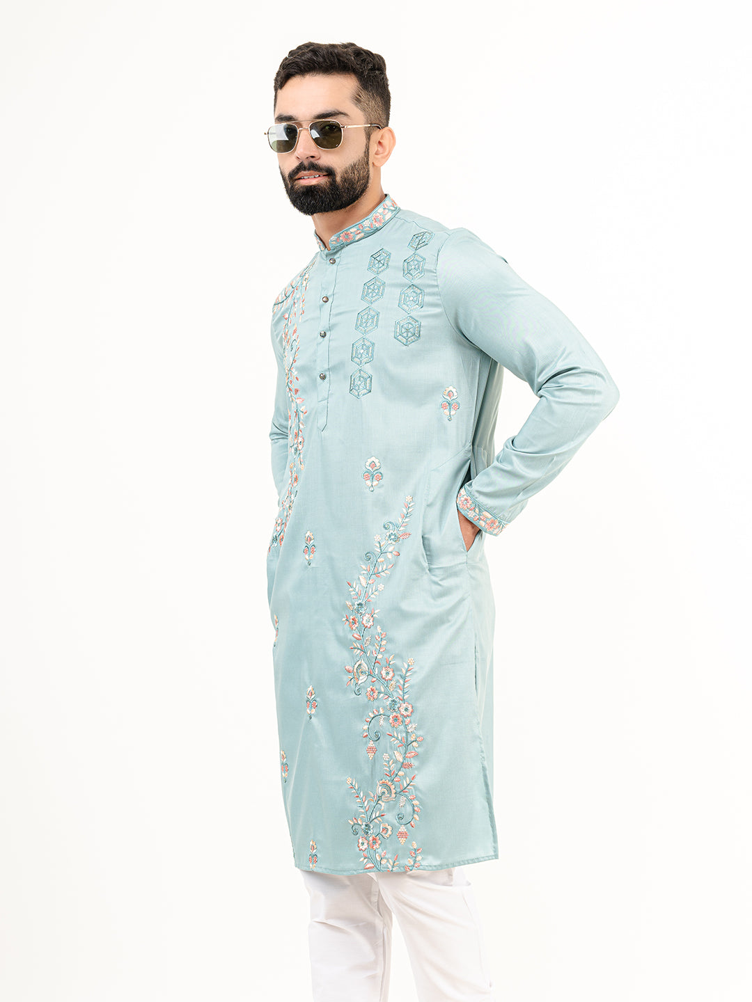 Cadet Blue Wild Floral Silk Embroidered Kurta for Men