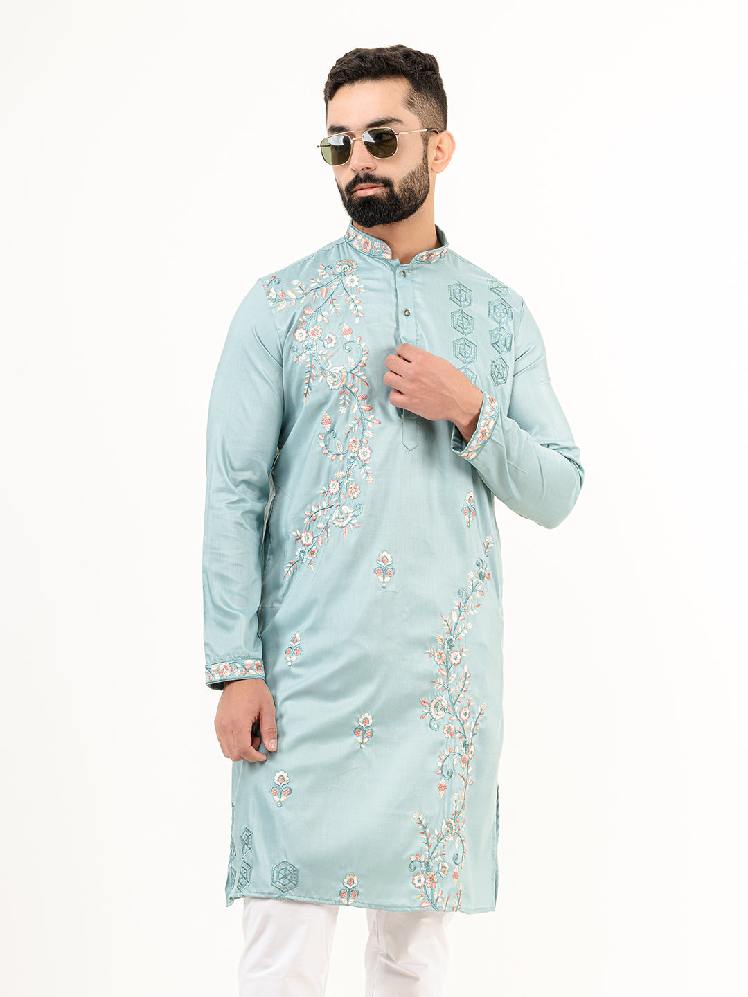 Cadet Blue Wild Floral Silk Embroidered Kurta for Men