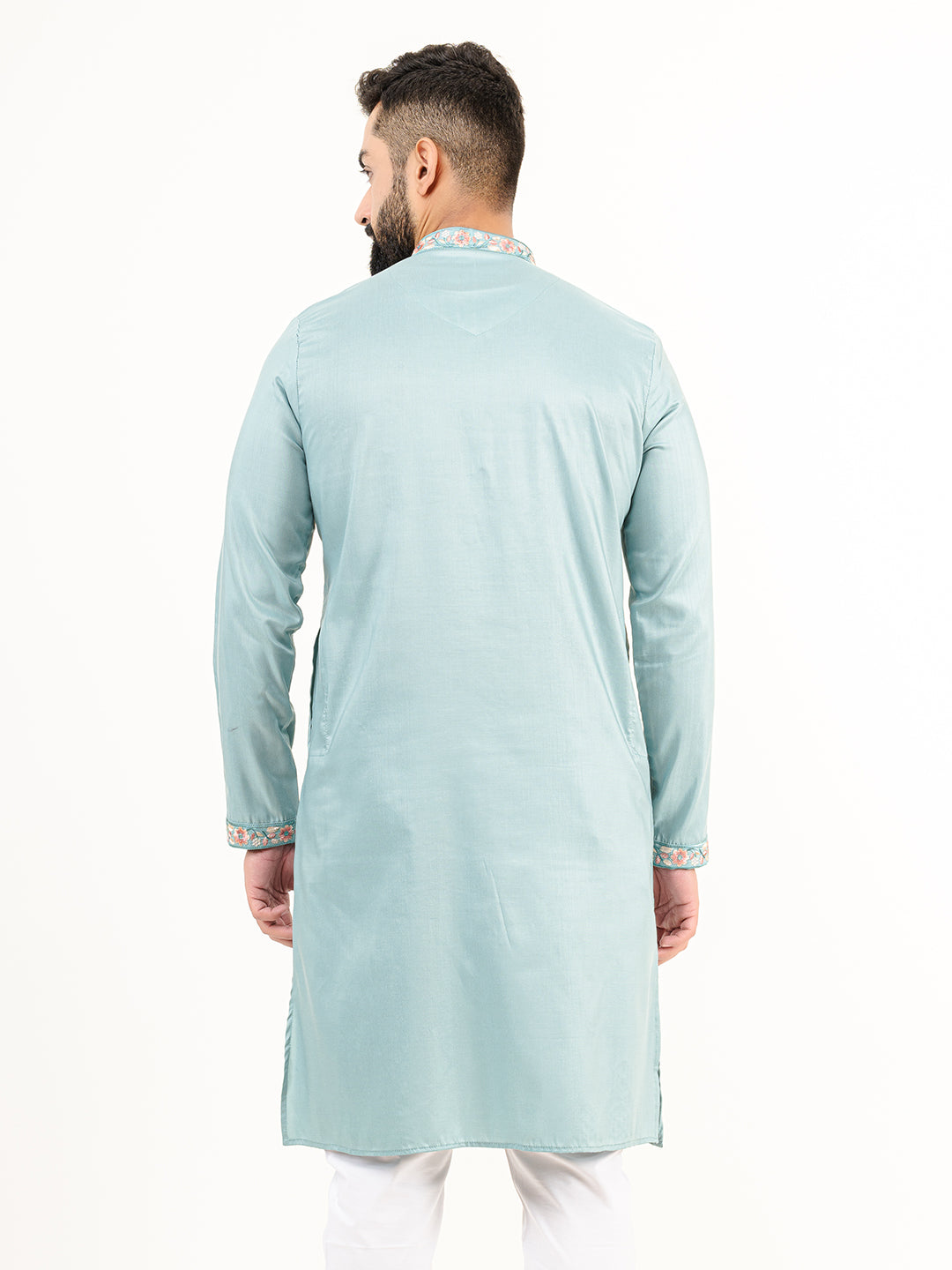 Cadet Blue Wild Floral Silk Embroidered Kurta for Men