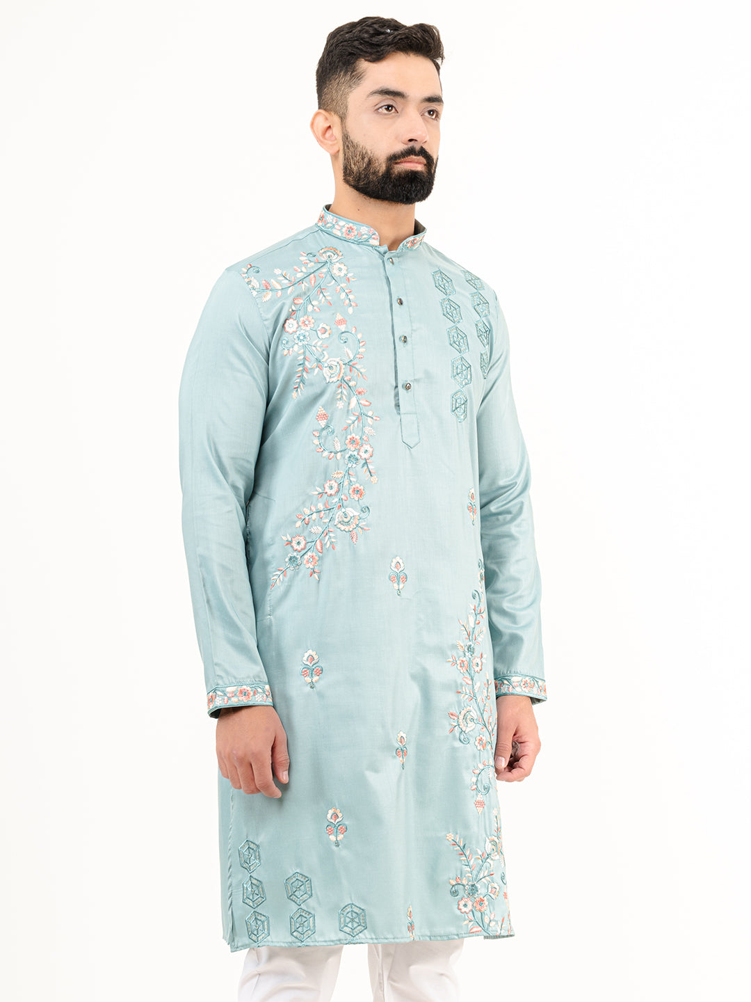 Cadet Blue Wild Floral Silk Embroidered Kurta for Men