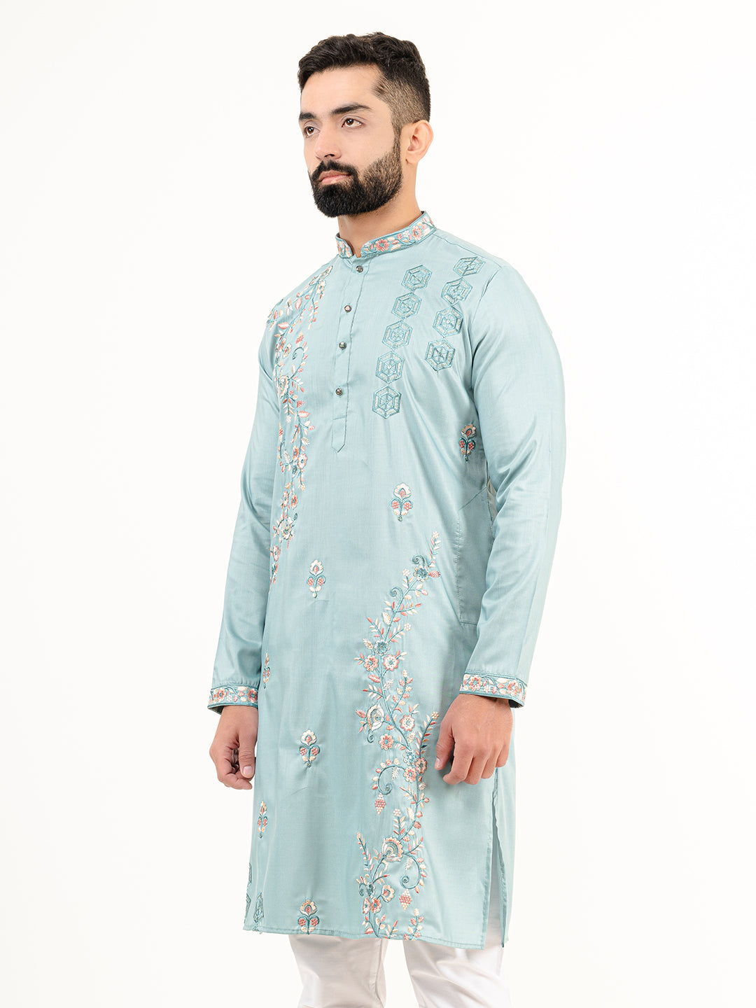 Cadet Blue Wild Floral Silk Embroidered Kurta for Men