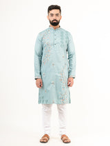 Cadet Blue Wild Floral Silk Embroidered Kurta for Men