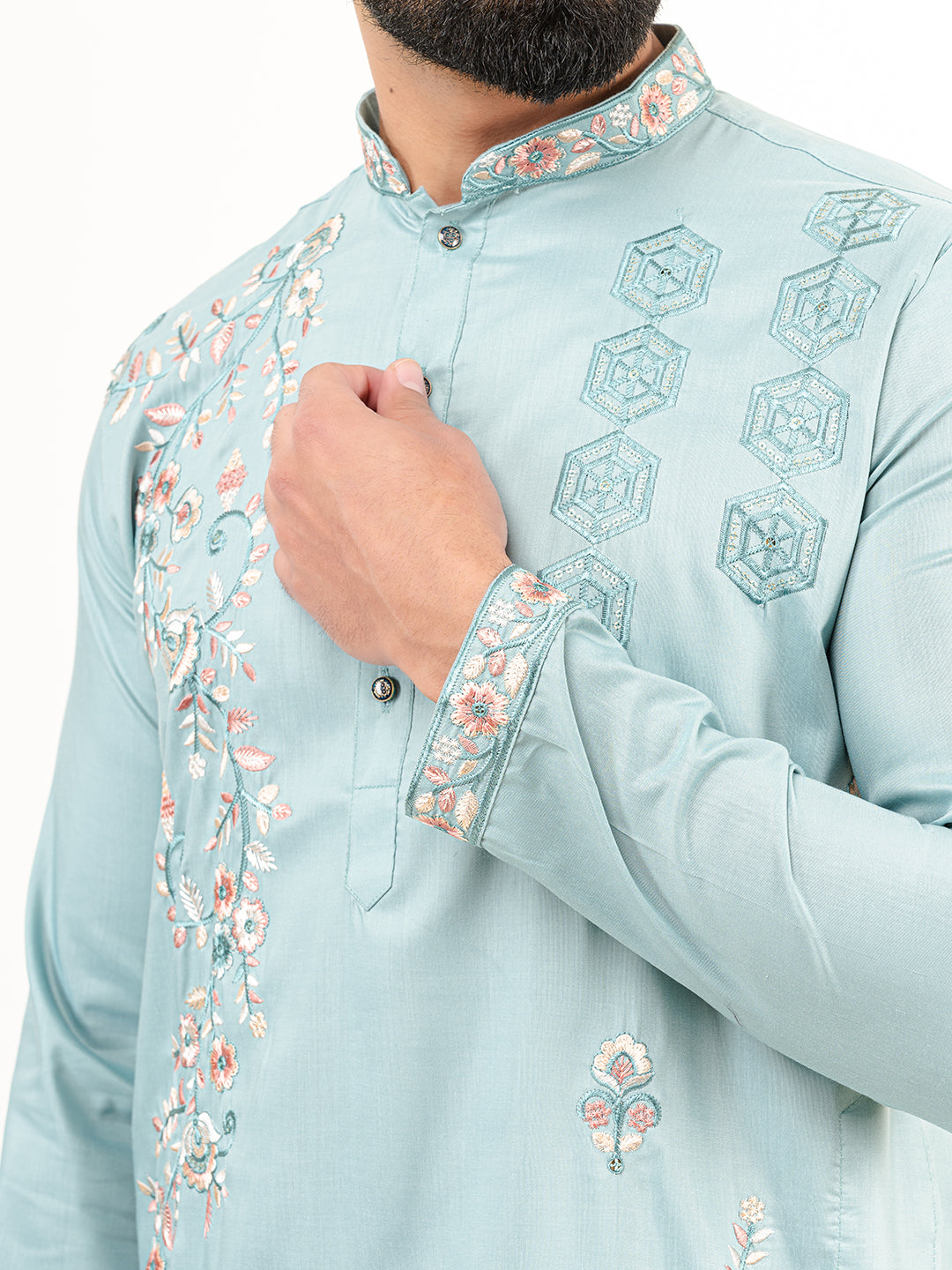 Cadet Blue Wild Floral Silk Embroidered Kurta for Men