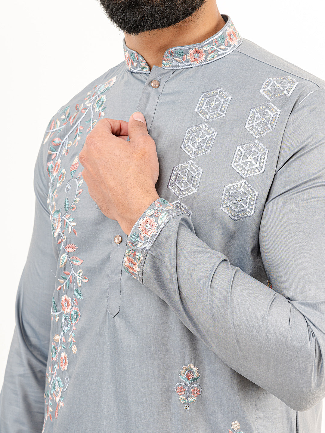 Grey Wild Floral Silk Embroidered Kurta for Men