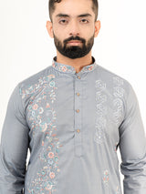 Grey Wild Floral Silk Embroidered Kurta for Men