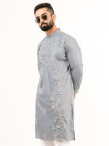 Grey Wild Floral Silk Embroidered Kurta for Men