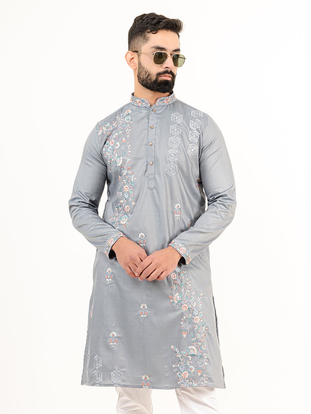 Grey Wild Floral Silk Embroidered Kurta for Men