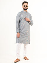 Grey Wild Floral Silk Embroidered Kurta for Men