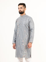 Grey Wild Floral Silk Embroidered Kurta for Men