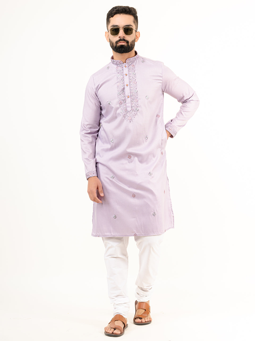 Lavender Elegant Silk Embroidered Kurta For Men