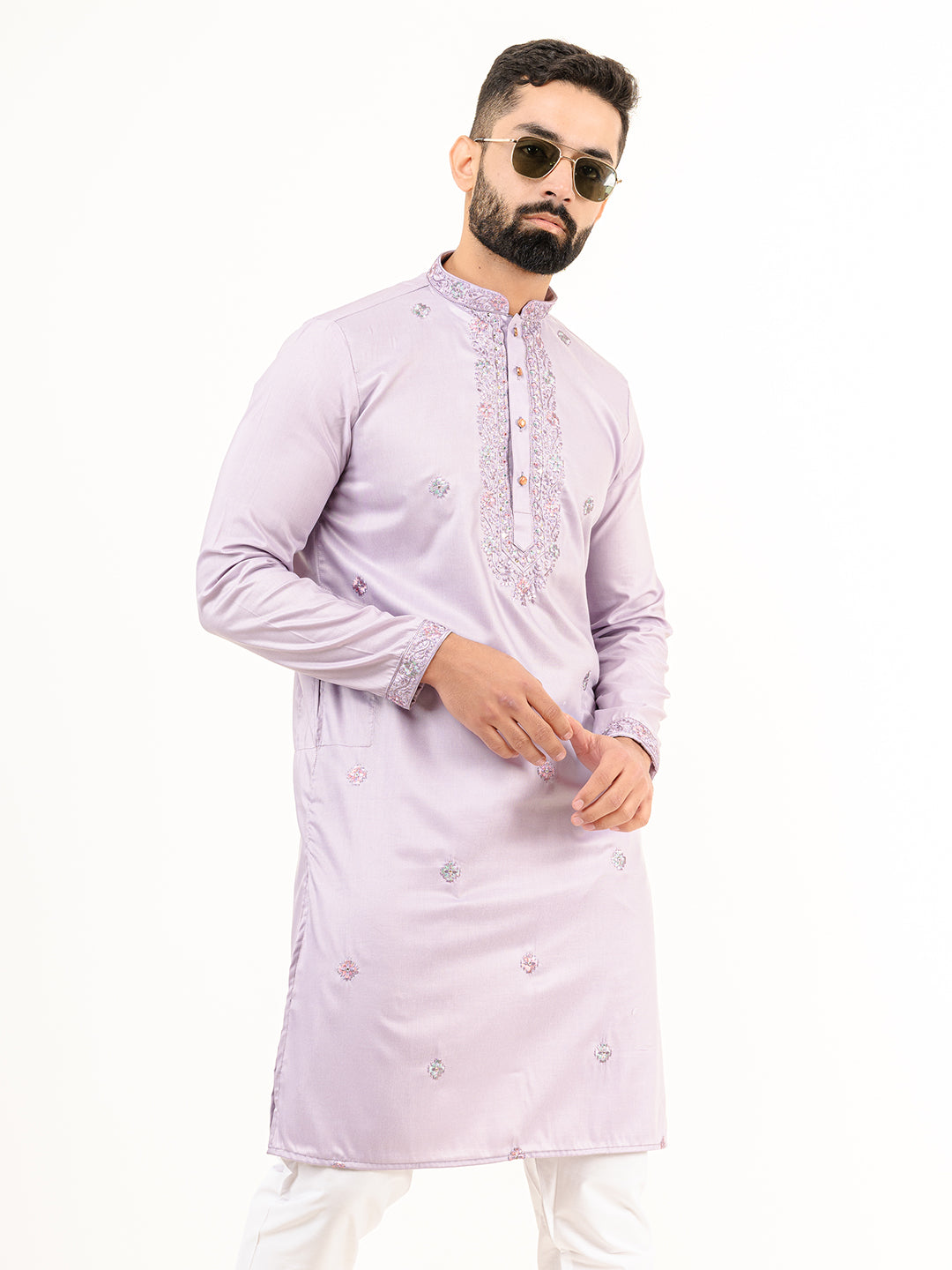 Lavender Elegant Silk Embroidered Kurta For Men