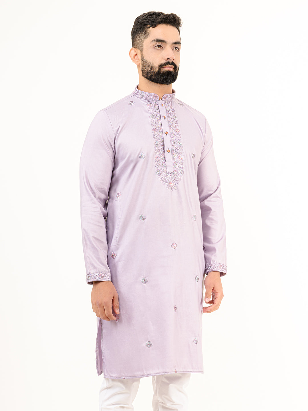 Lavender Elegant Silk Embroidered Kurta For Men