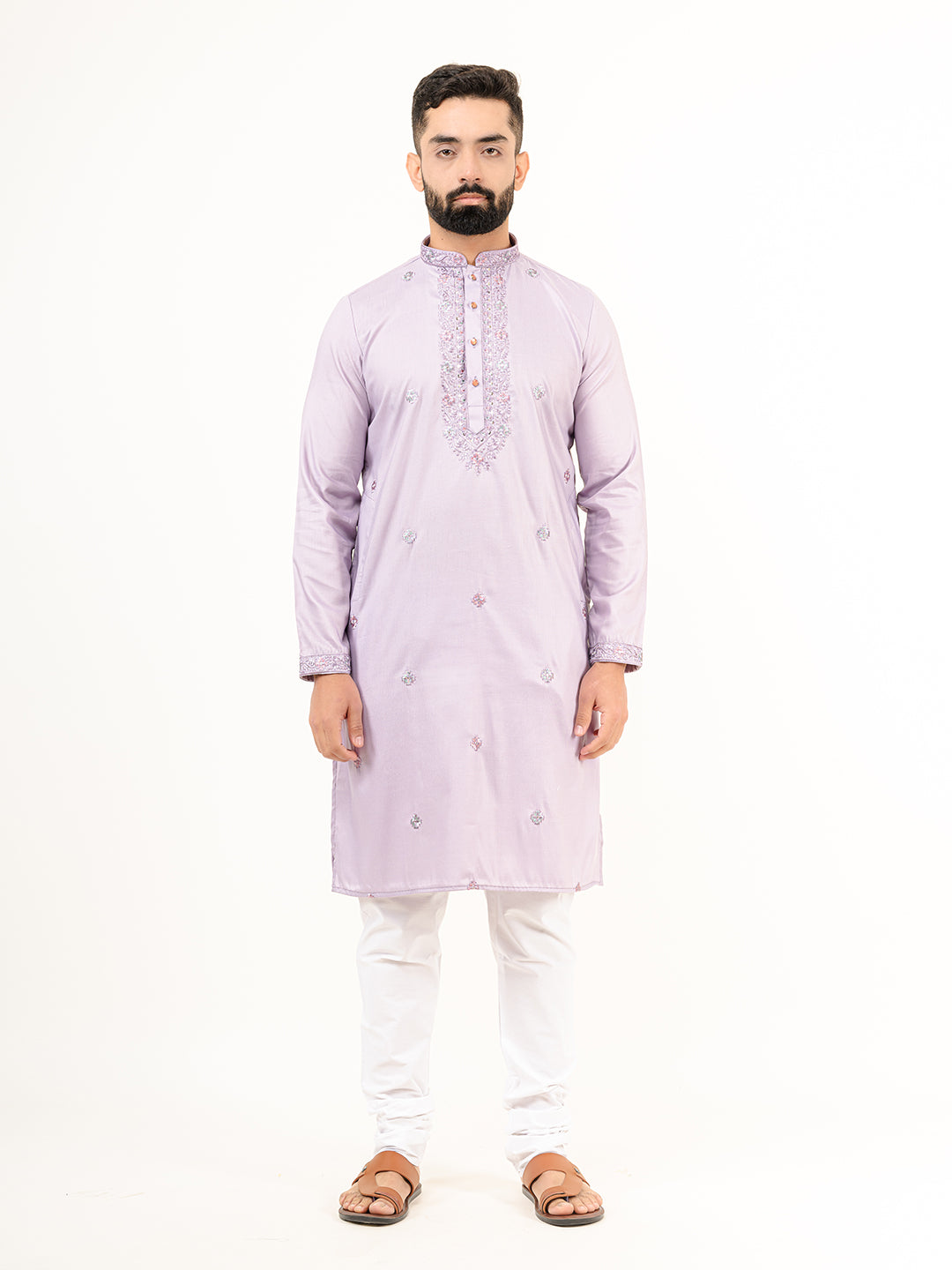 Lavender Elegant Silk Embroidered Kurta For Men