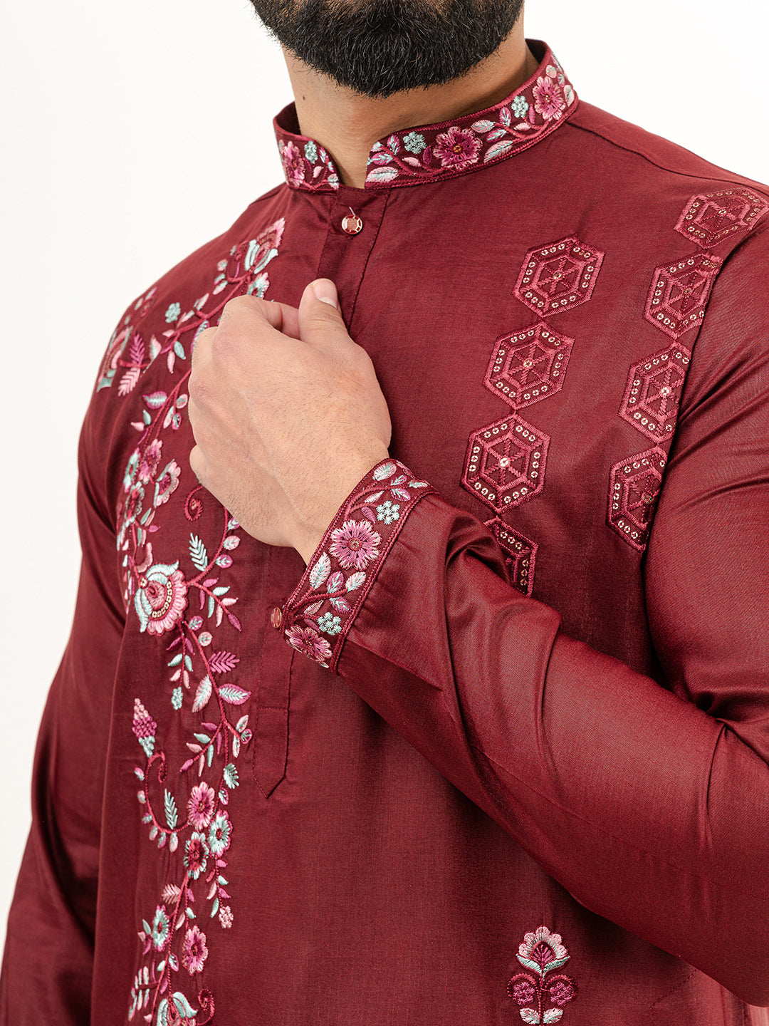 Crimson Red Wild Floral Silk Embroidered Kurta for Men