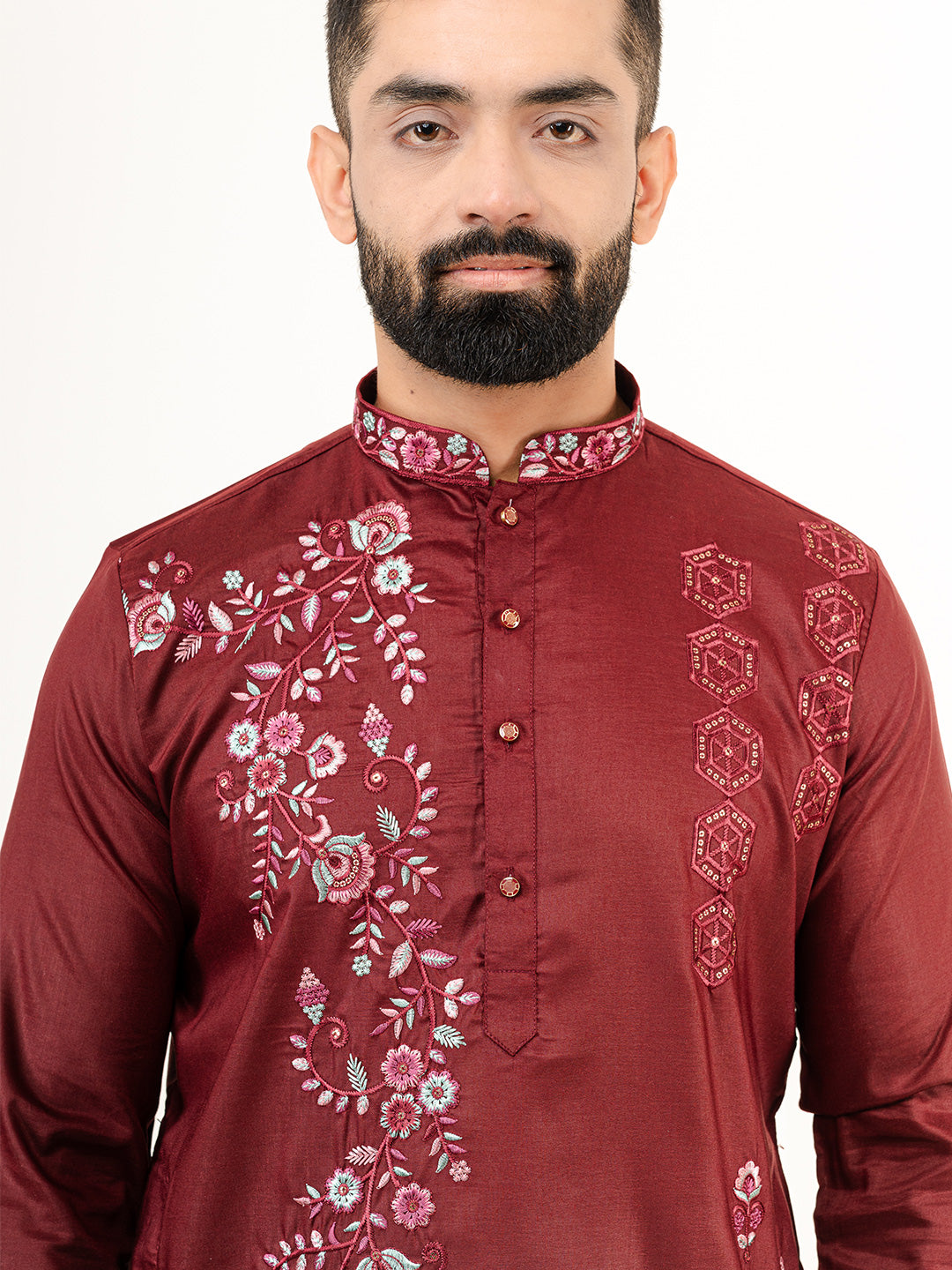 Crimson Red Wild Floral Silk Embroidered Kurta for Men