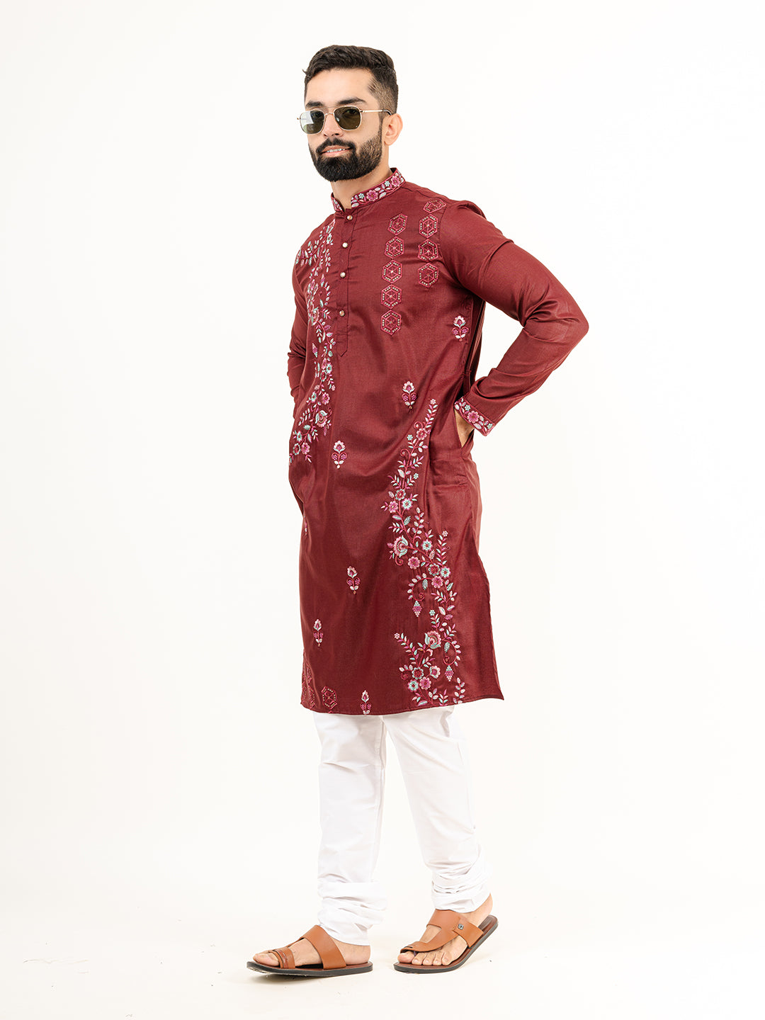 Crimson Red Wild Floral Silk Embroidered Kurta for Men