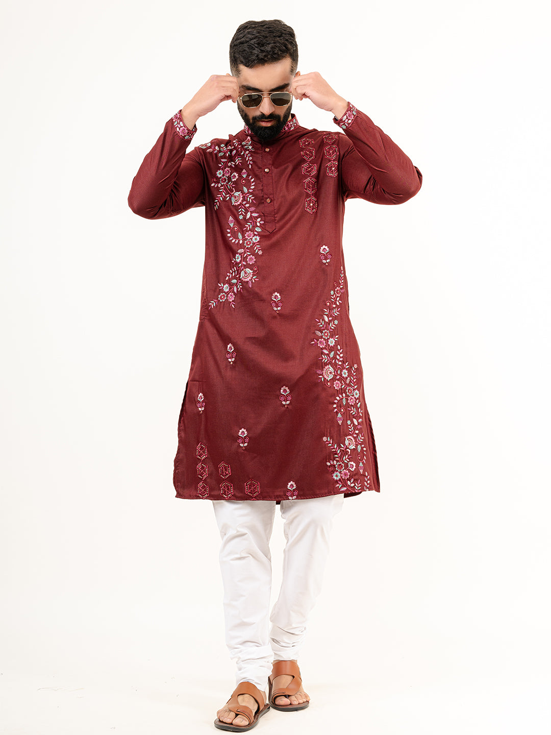 Crimson Red Wild Floral Silk Embroidered Kurta for Men