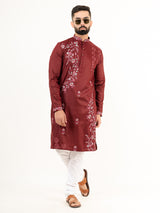 Crimson Red Wild Floral Silk Embroidered Kurta for Men