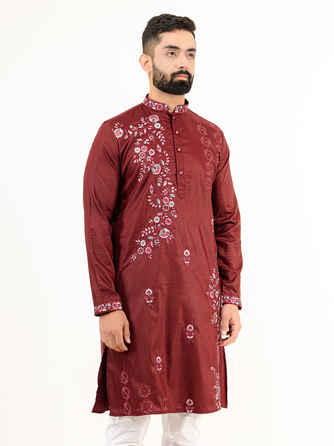 Crimson Red Wild Floral Silk Embroidered Kurta for Men