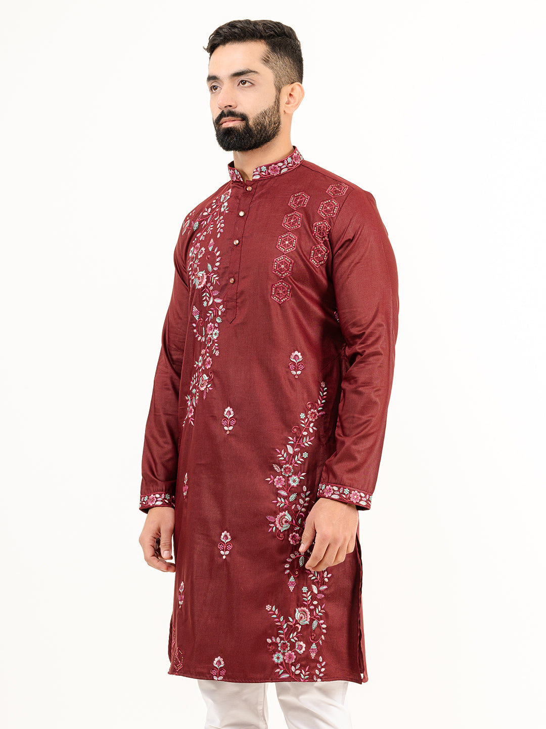 Crimson Red Wild Floral Silk Embroidered Kurta for Men