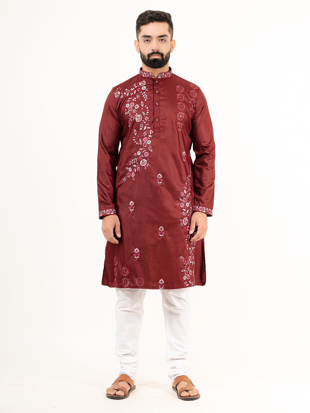 Crimson Red Wild Floral Silk Embroidered Kurta for Men