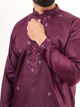 Wine Color Elegant Silk Embroidered Kurta For Men