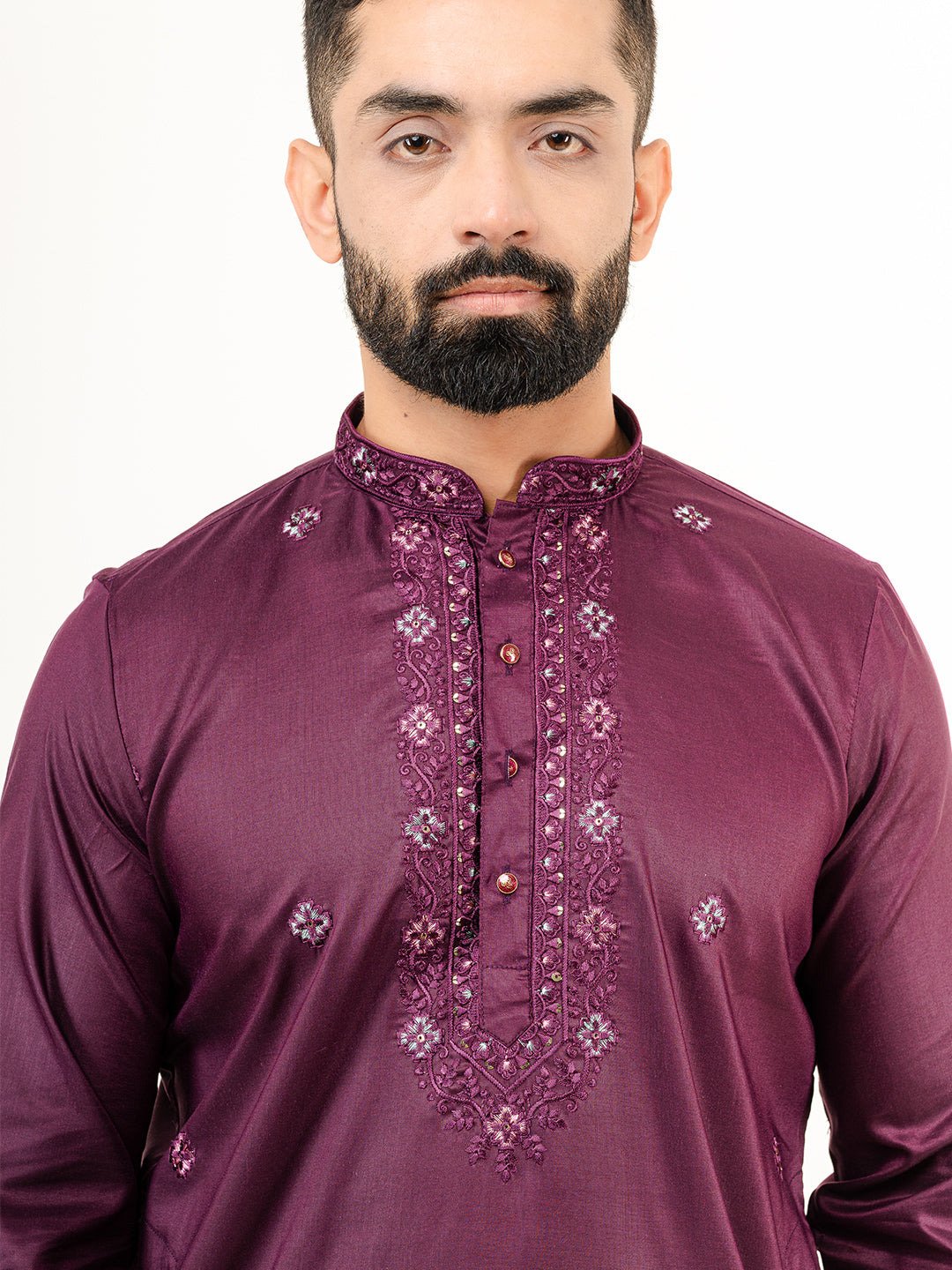 Wine Color Elegant Silk Embroidered Kurta For Men