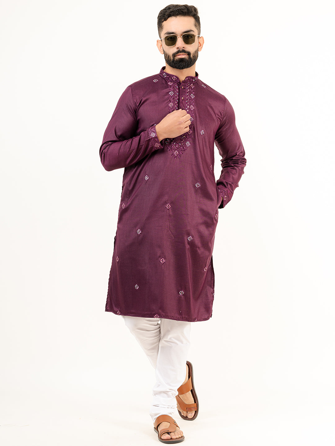 Wine Color Elegant Silk Embroidered Kurta For Men