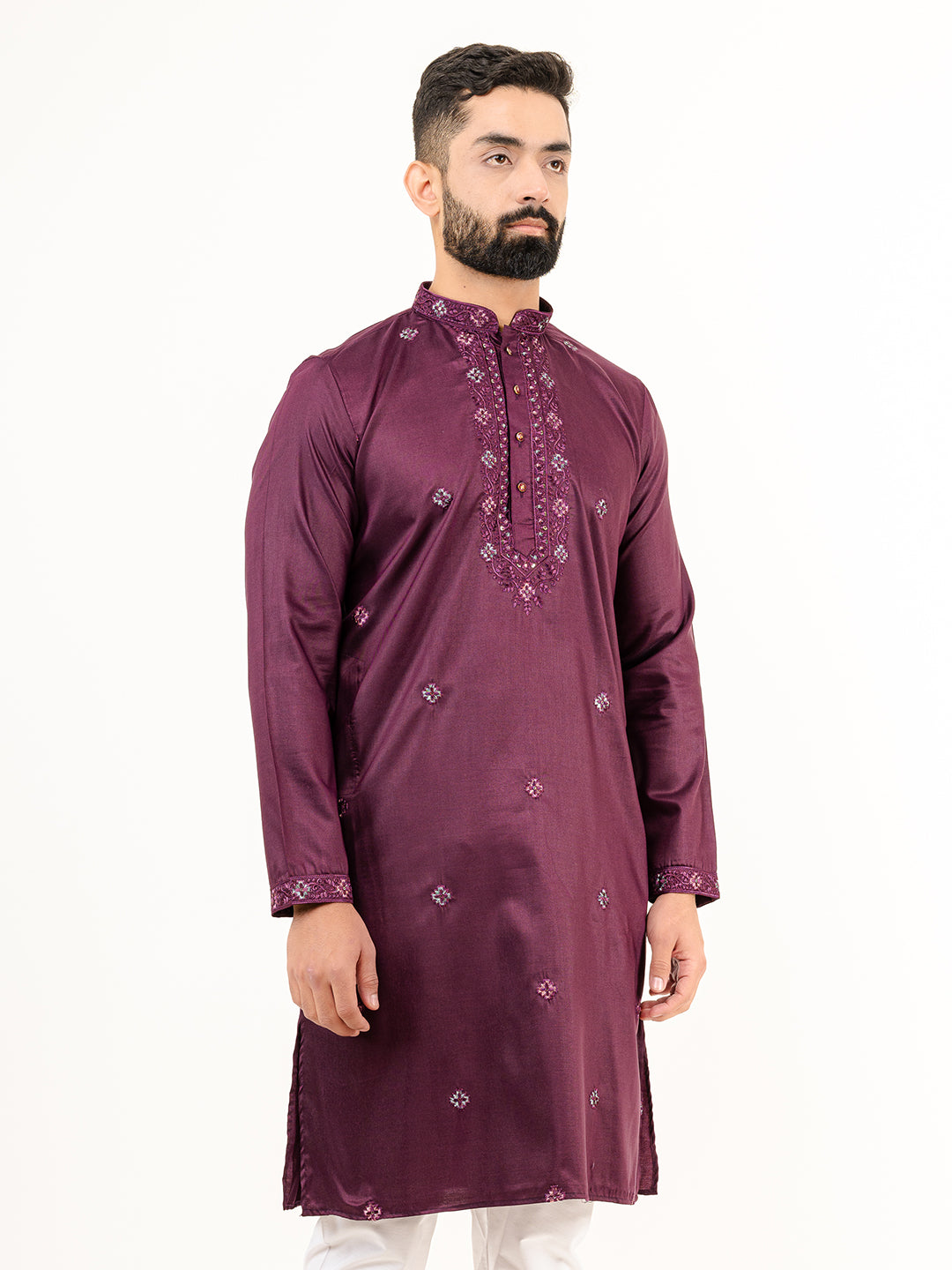 Wine Color Elegant Silk Embroidered Kurta For Men