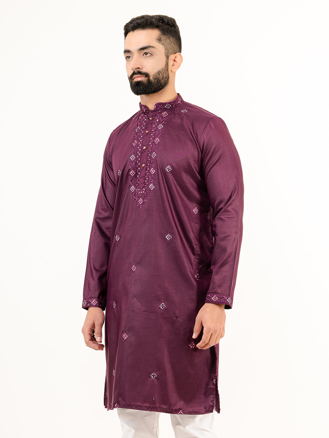 Wine Color Elegant Silk Embroidered Kurta For Men