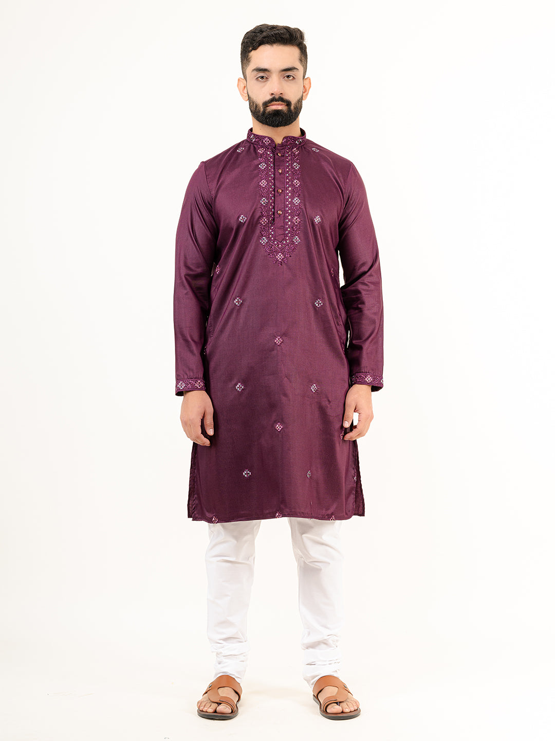 Wine Color Elegant Silk Embroidered Kurta For Men