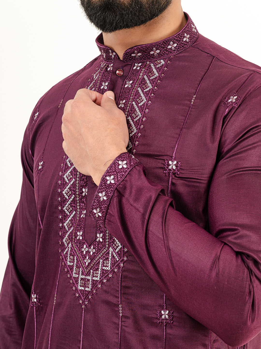 Wine Color Abstract Silk Embroidered Kurta