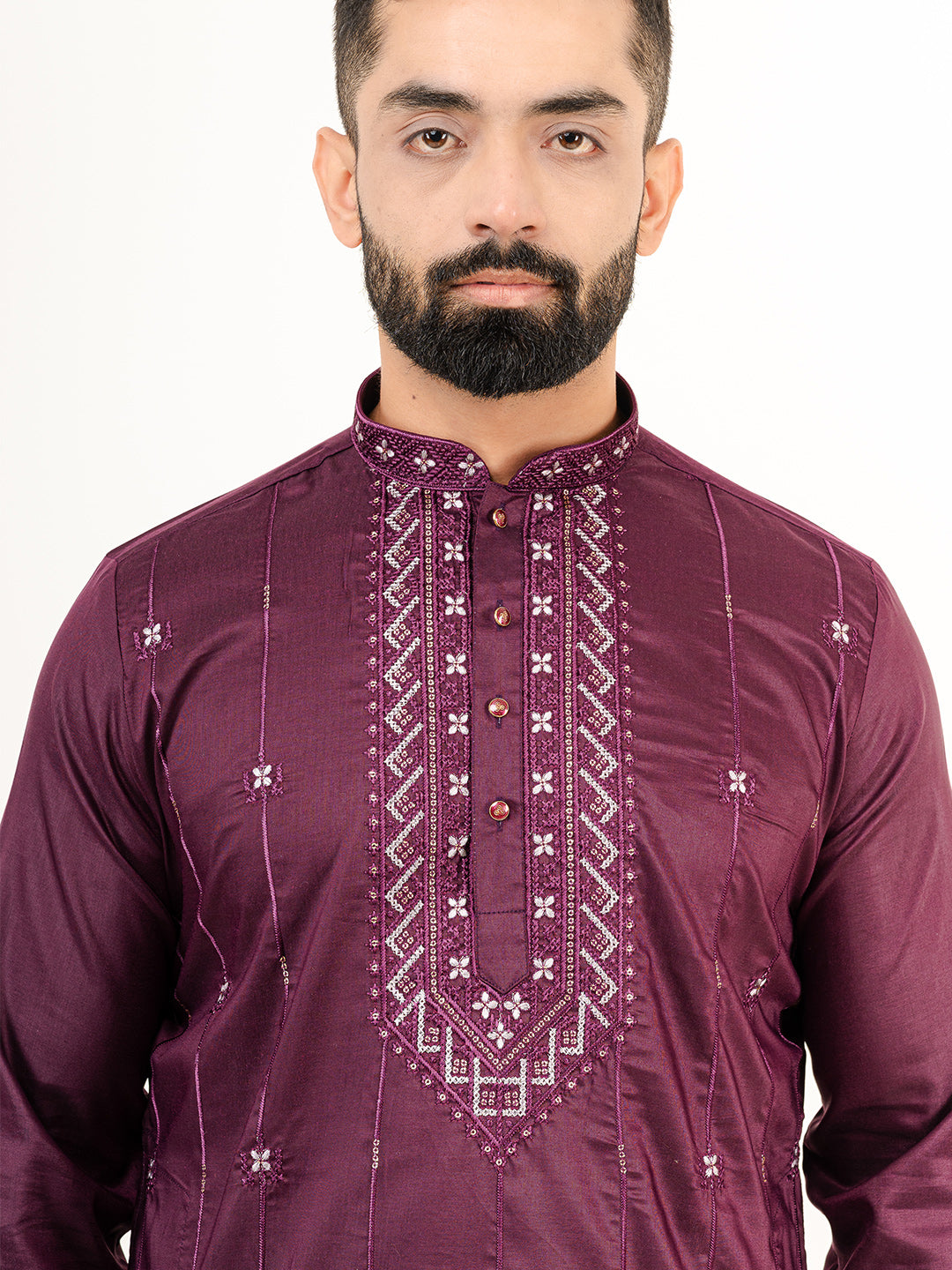 Wine Color Abstract Silk Embroidered Kurta