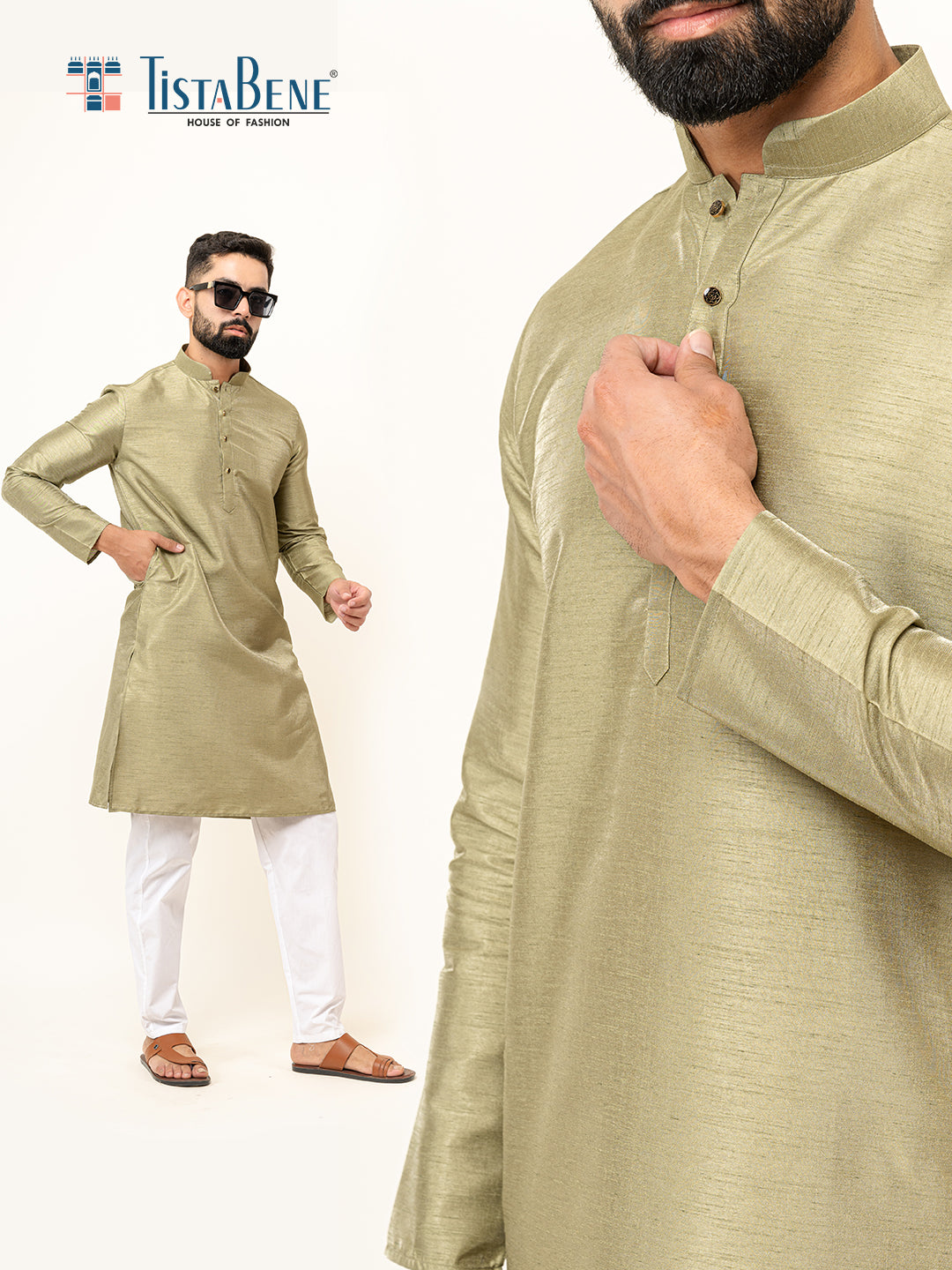 Olive Green Dupin Solid Kurta for Men