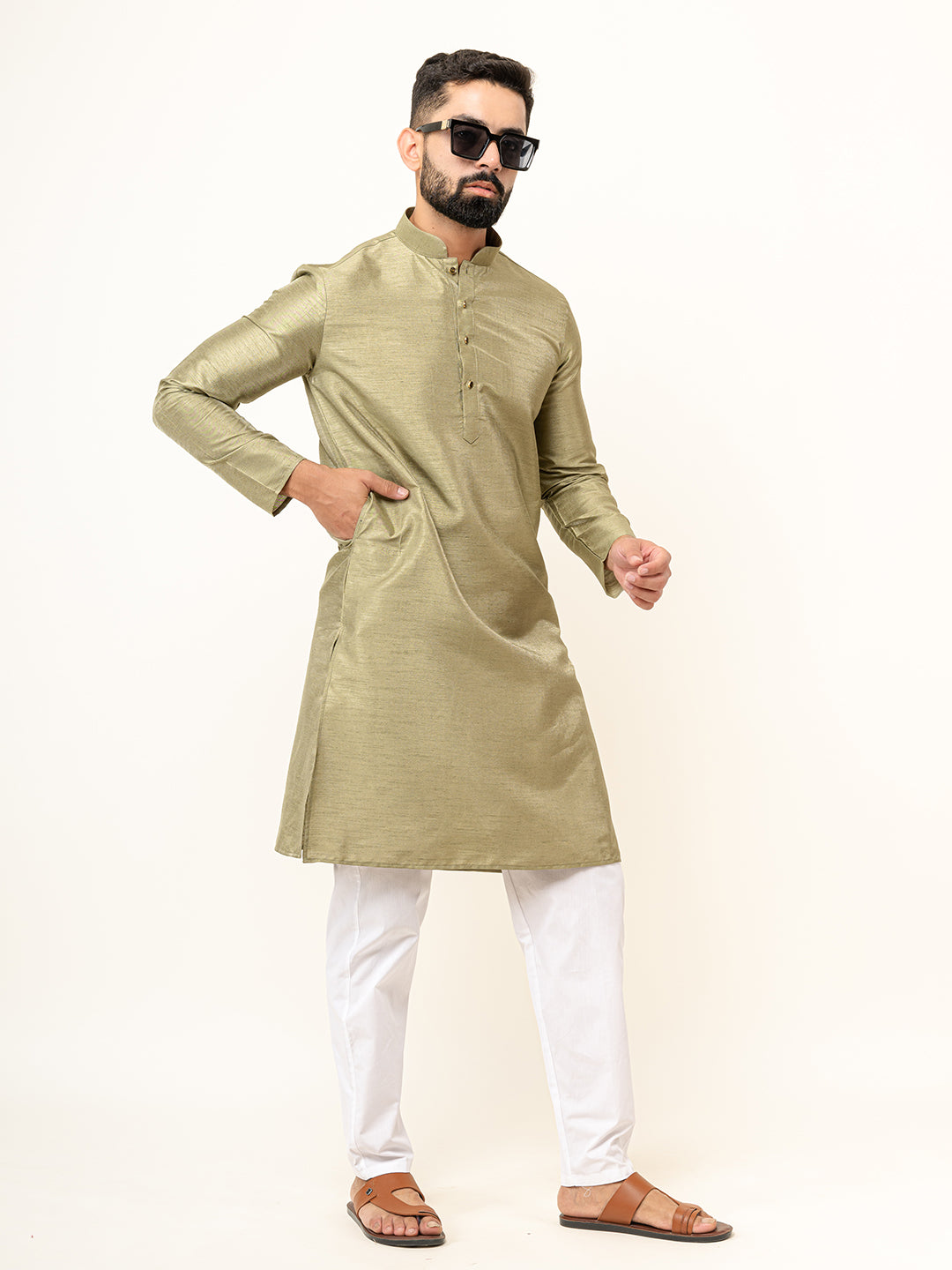 Olive Green Dupin Solid Kurta for Men