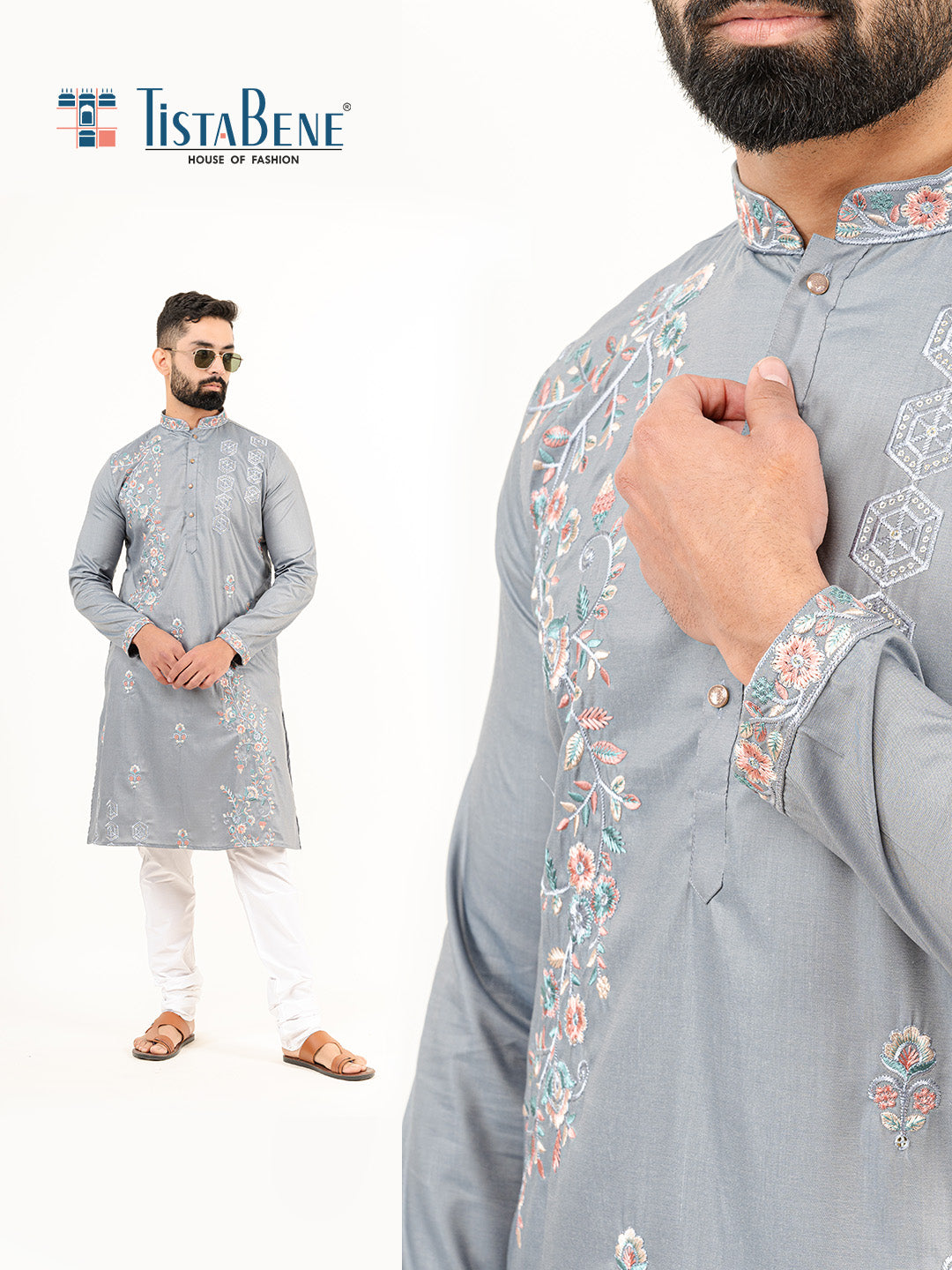 Grey Wild Floral Silk Embroidered Kurta for Men