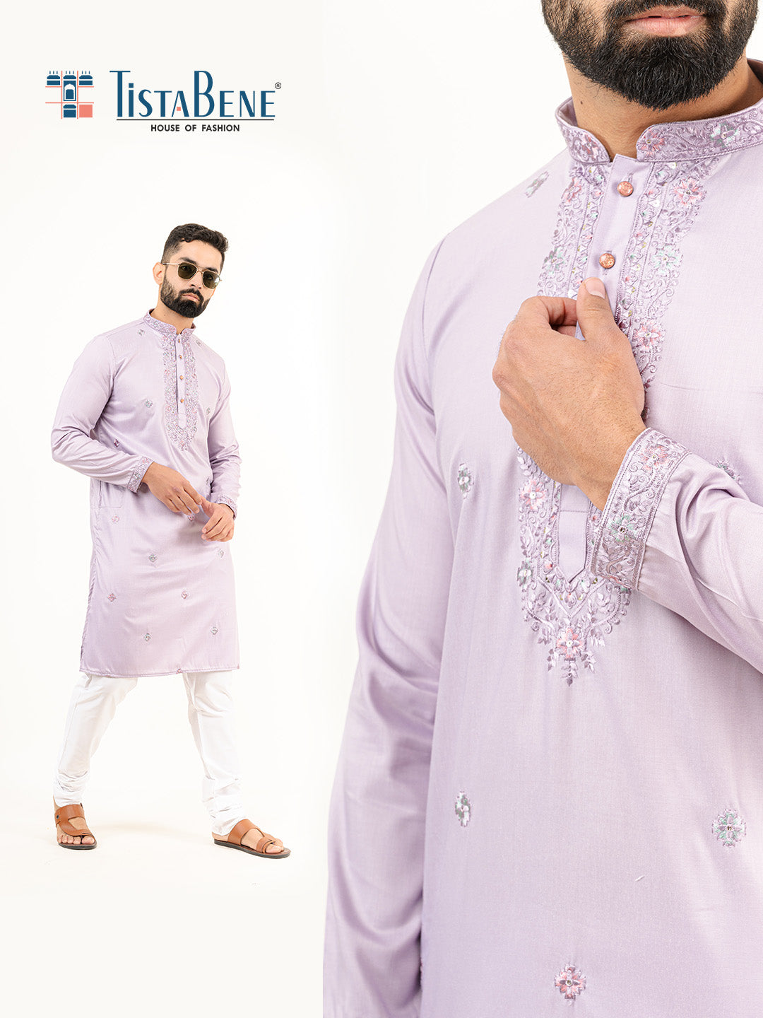 Lavender Elegant Silk Embroidered Kurta For Men